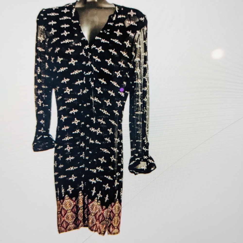 LILY MORGAN Tunic Dress Sheer Black V-Neck Convertible Sleeves L